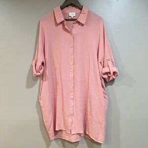 143 Story Line Up Gauze Button Up Shirt Dress Sz L Coral Coastal Beach Coverup